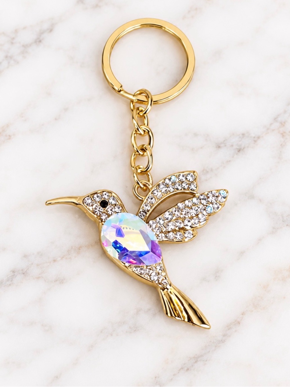Bag Charm/Keyring-Hummingbird with Iridescent Center Stone& White Stone Accents